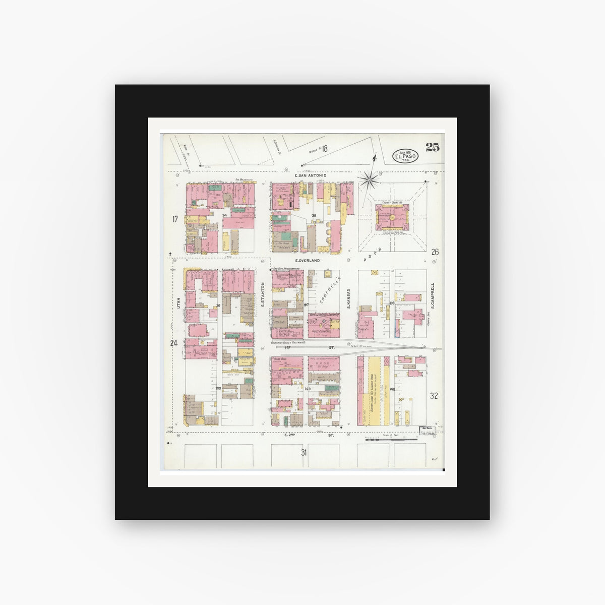 Old map wall art mockup — black gallery frame with white mat — Sanborn Fire Insurance Map from El Paso, El Paso County, Texas (1905), Sheet #0025