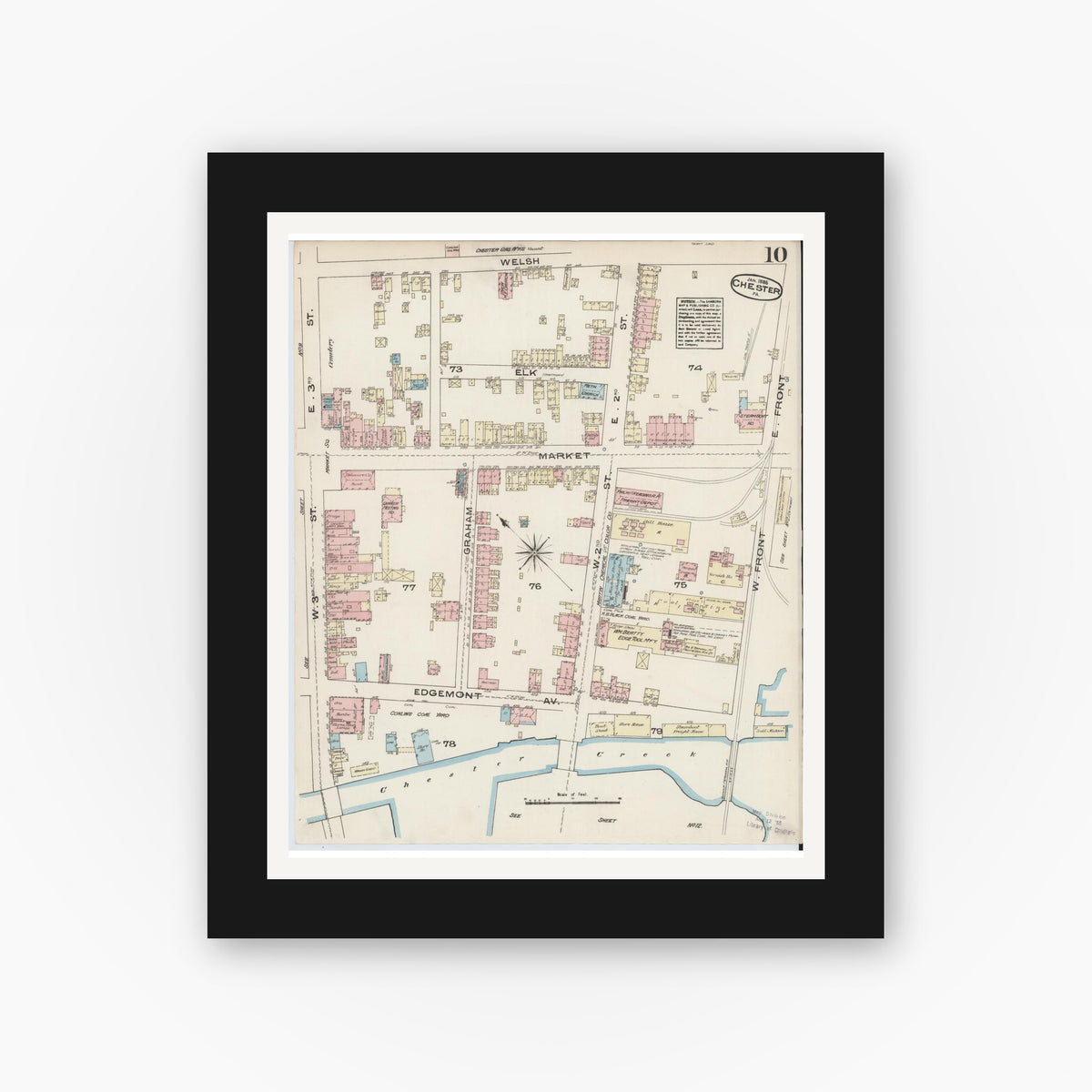 Old map wall art mockup — black gallery frame with white mat — Sanborn Fire Insurance Map from Chester, Delaware County, Pennsylvania (1885), Sheet #0010