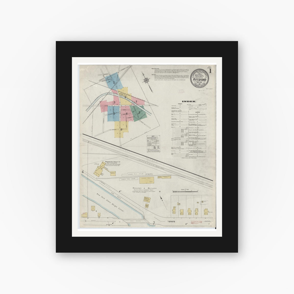Old map wall art mockup — black gallery frame with white mat — Sanborn Fire Insurance Map from Pittsford, Monroe County, New York (1912) - Complete Map Set