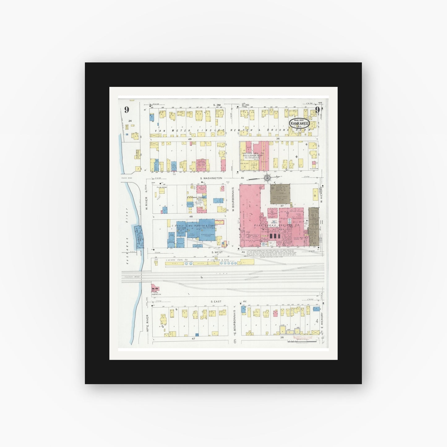 Old map wall art mockup — black gallery frame with white mat — Sanborn Fire Insurance Map from Kankakee, Kankakee County, Illinois (1930), Sheet #0009