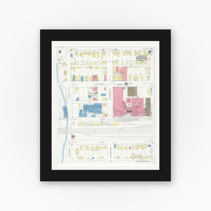 Old map wall art mockup — black gallery frame with white mat — Sanborn Fire Insurance Map from Kankakee, Kankakee County, Illinois (1930), Sheet #0009