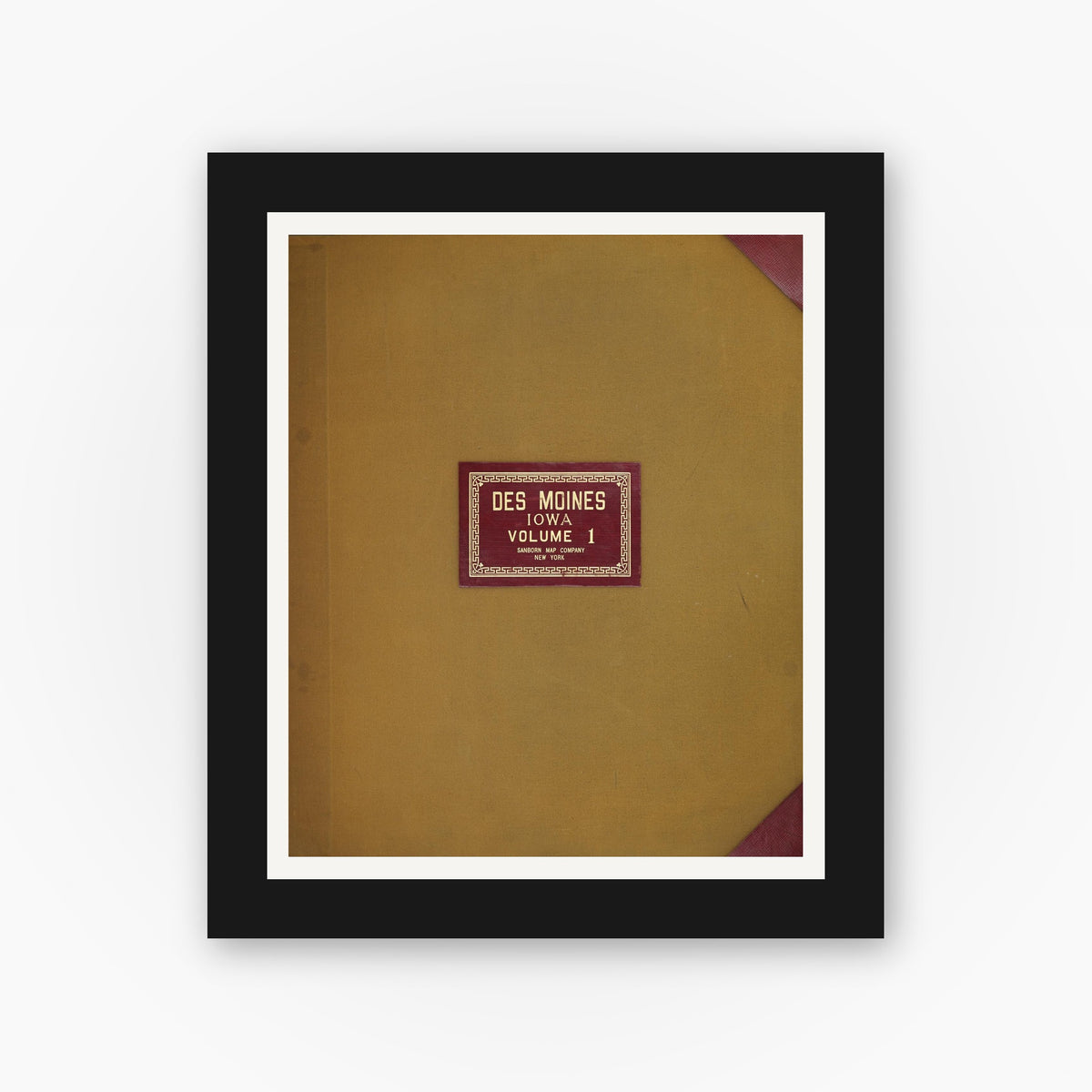 Old map wall art mockup — black gallery frame with white mat — Sanborn Fire Insurance Map from Des Moines, Polk County, Iowa (1950), Sheet #0001