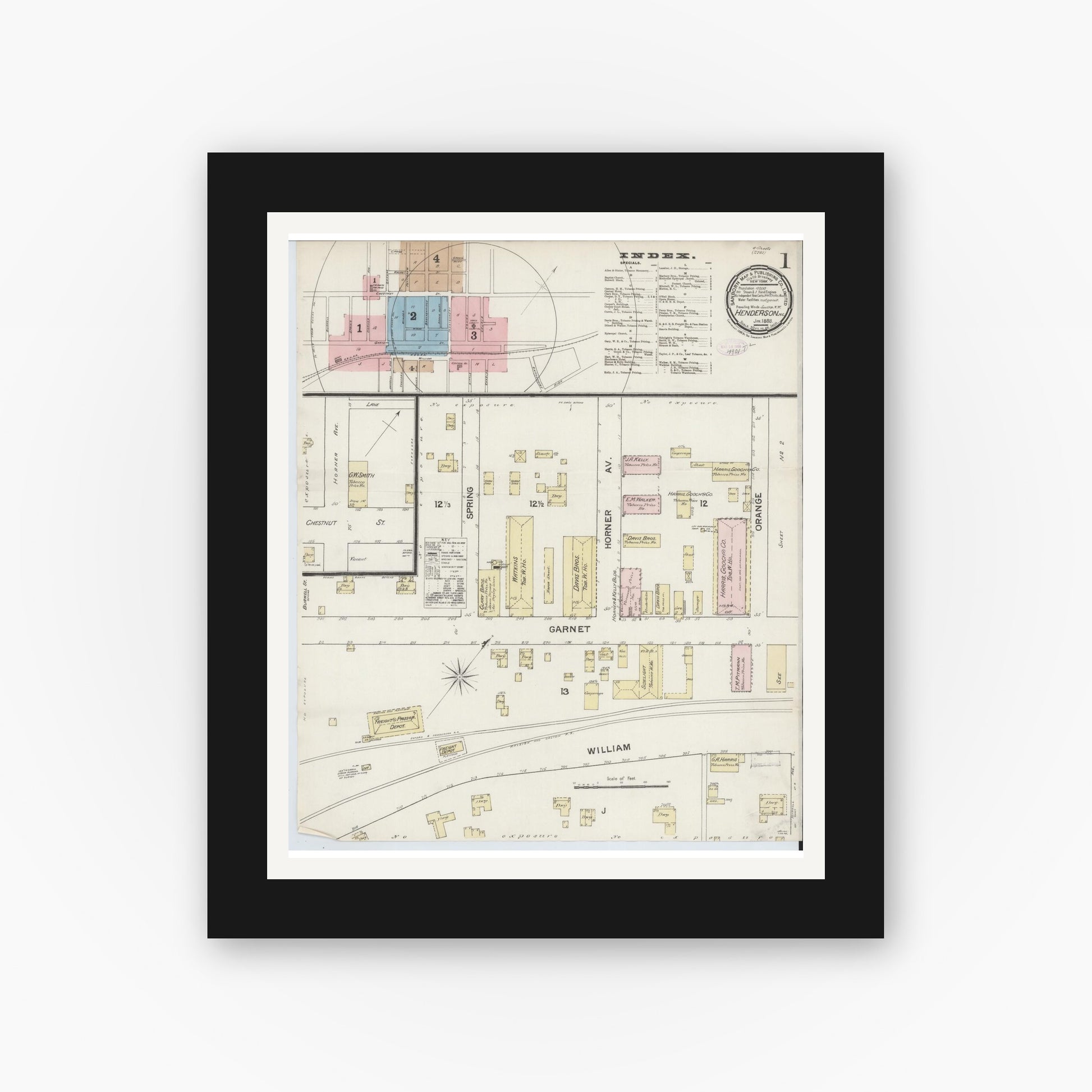 Old map wall art mockup — black gallery frame with white mat — Sanborn Fire Insurance Map from Henderson, Vance County, North Carolina (1888) - Complete Map Set