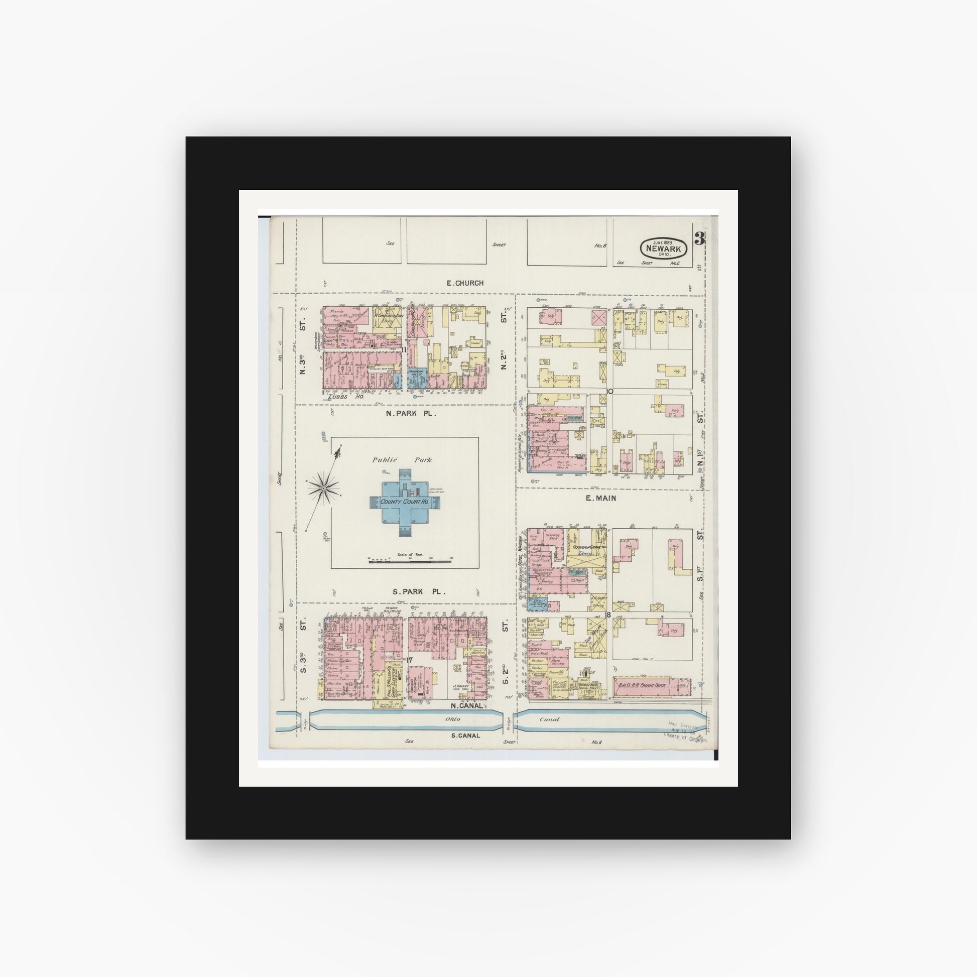 Old map wall art mockup — black gallery frame with white mat — Sanborn Fire Insurance Map from Newark, Licking County, Ohio (1889), Sheet #0003