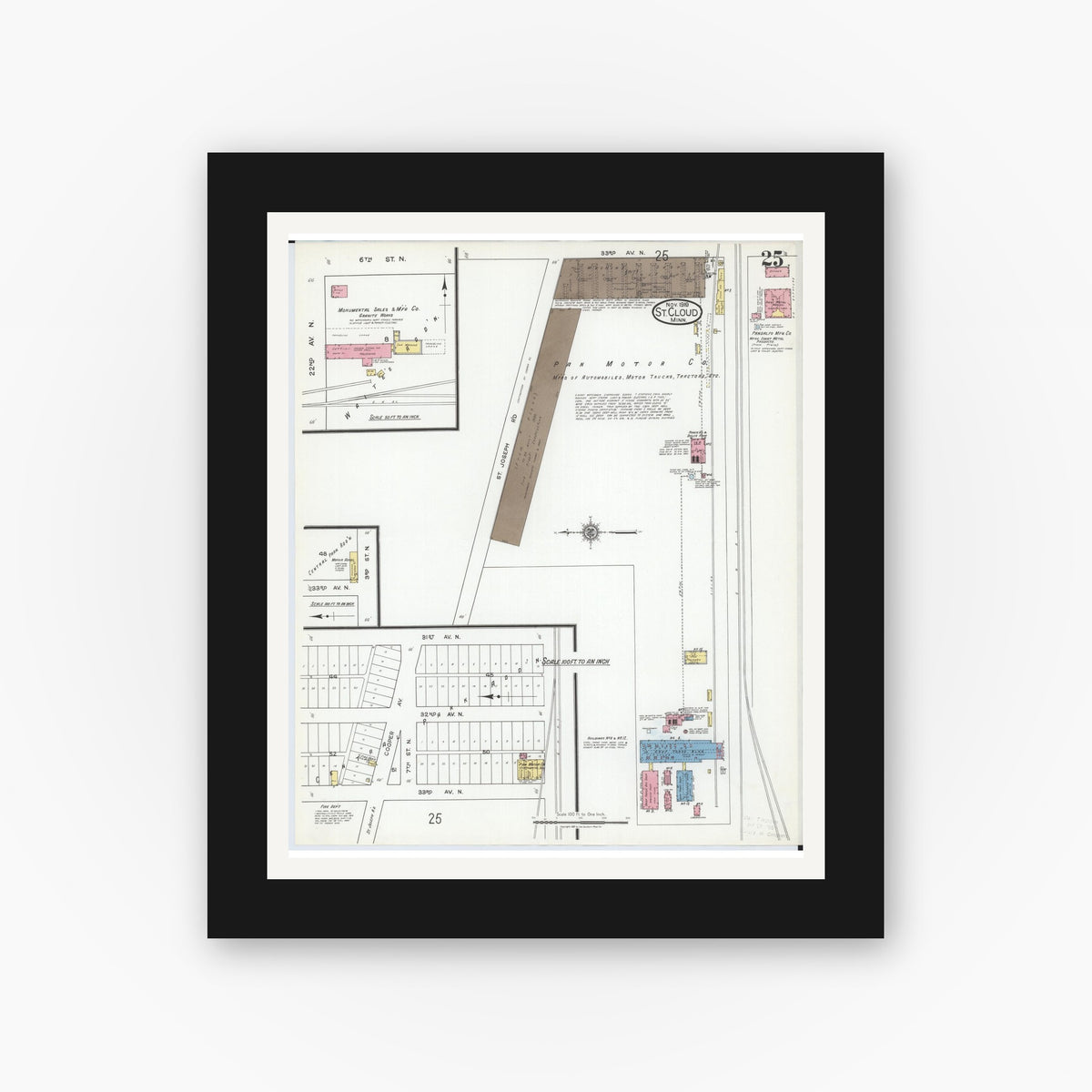 Old map wall art mockup — black gallery frame with white mat — Sanborn Fire Insurance Map from Saint Cloud, Stearns, Benton, and Sherburne Counties, Minnesota (1919), Sheet #0025