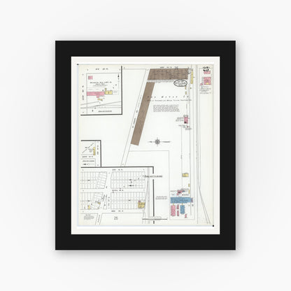 Old map wall art mockup — black gallery frame with white mat — Sanborn Fire Insurance Map from Saint Cloud, Stearns, Benton, and Sherburne Counties, Minnesota (1919), Sheet #0025
