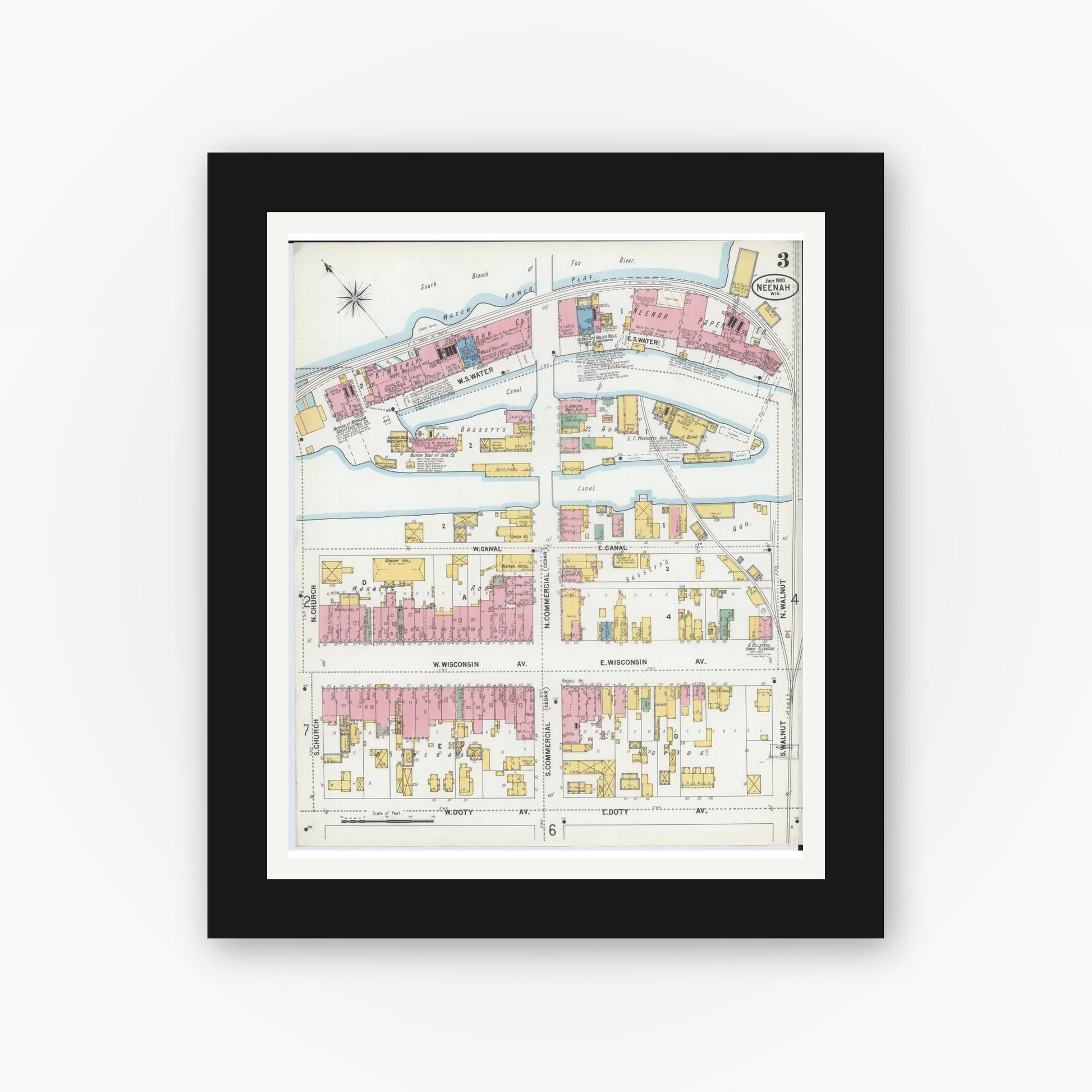 Old map wall art mockup — black gallery frame with white mat — Sanborn Fire Insurance Map from Neenah, Winnebago County, Wisconsin (1900), Sheet #0003