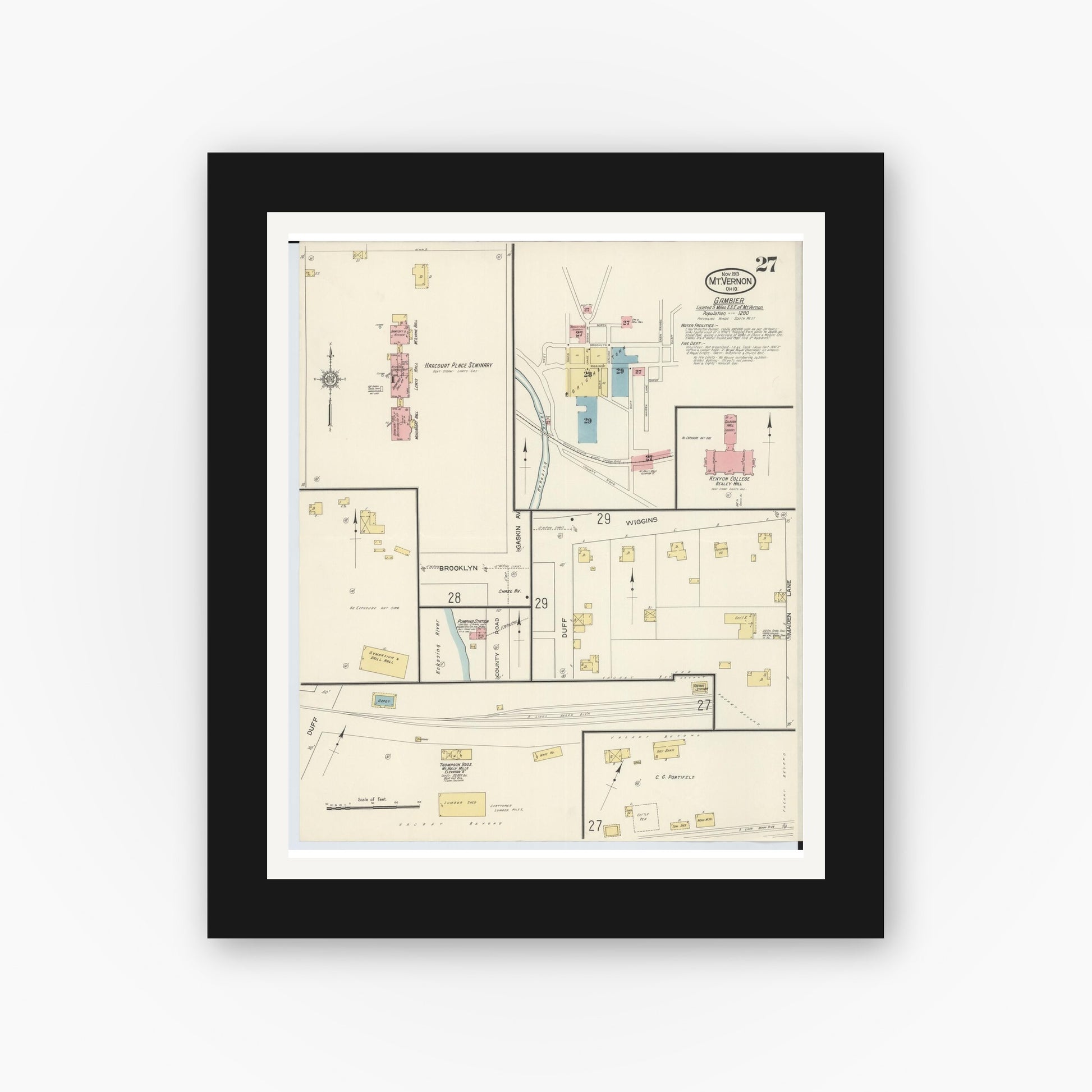 Old map wall art mockup — black gallery frame with white mat — Sanborn Fire Insurance Map from Mount Vernon, Knox County, Ohio (1913), Sheet #0027