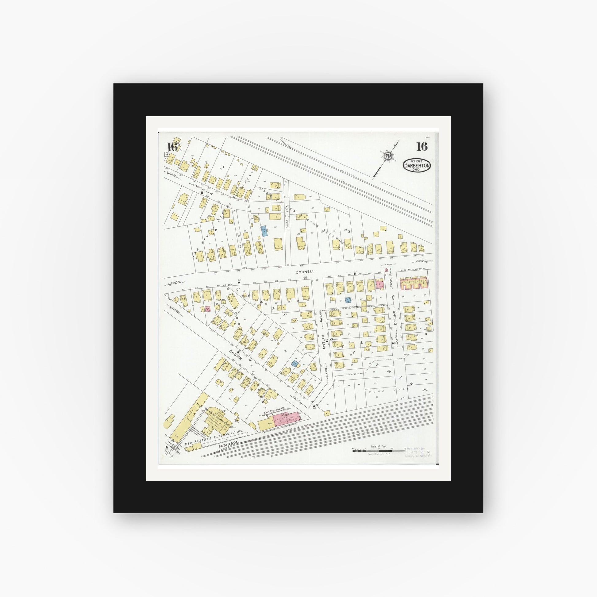Old map wall art mockup — black gallery frame with white mat — Sanborn Fire Insurance Map from Barberton, Summit County, Ohio (1927), Sheet #0016
