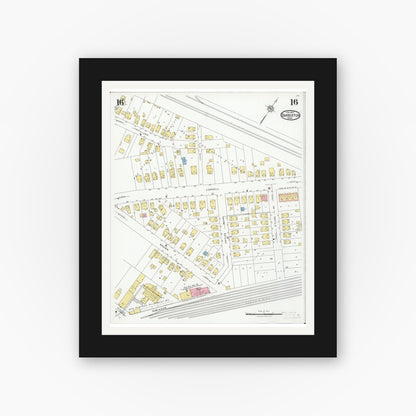 Old map wall art mockup — black gallery frame with white mat — Sanborn Fire Insurance Map from Barberton, Summit County, Ohio (1927), Sheet #0016