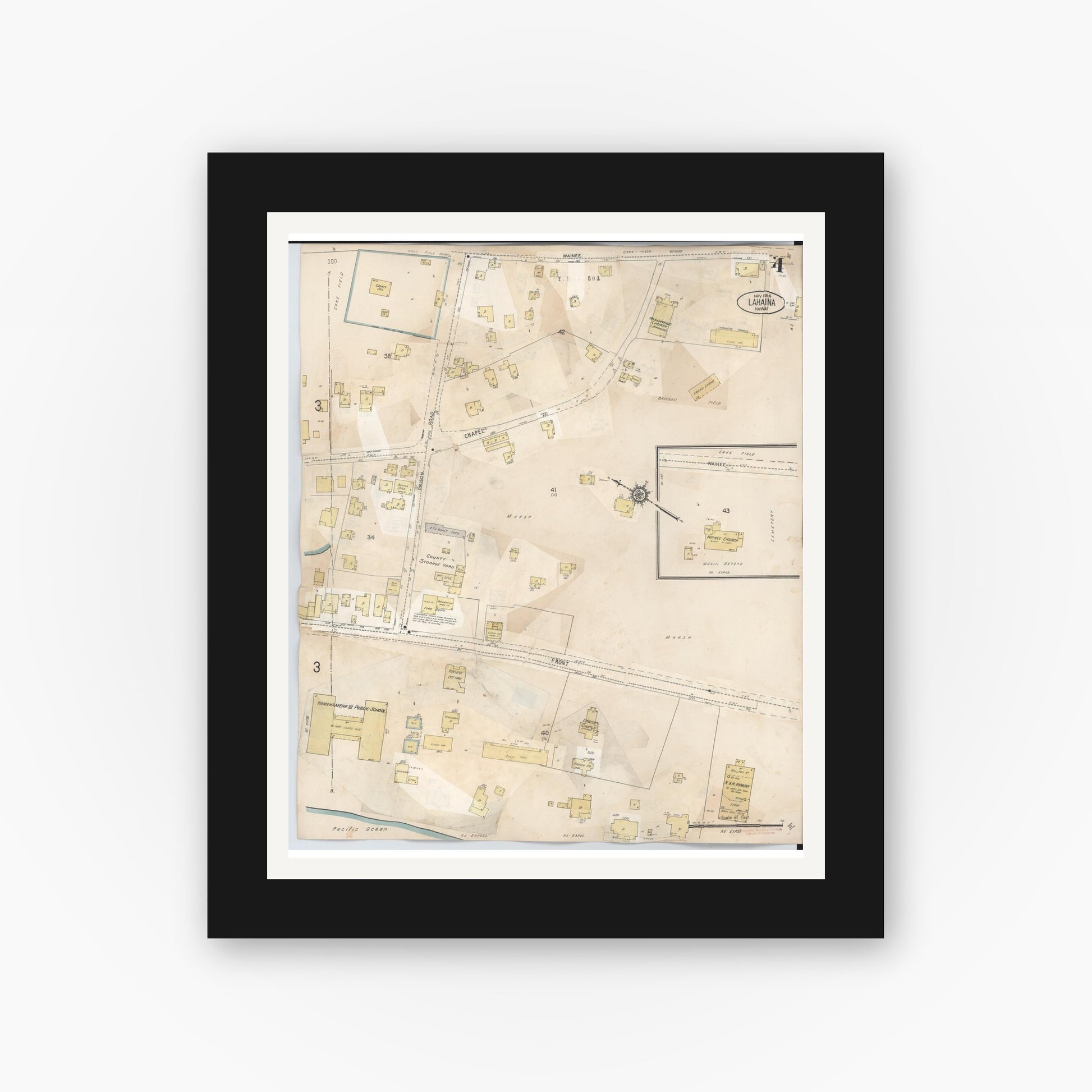 Old map wall art mockup — black gallery frame with white mat — Sanborn Fire Insurance Map from Lahaina, Maui County, Hawaii (1950), Sheet #0004