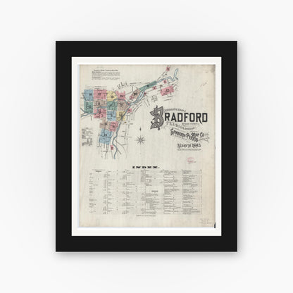 Old map wall art mockup — black gallery frame with white mat — Sanborn Fire Insurance Map from Bradford, McKean County, Pennsylvania (1895) - Complete Map Set