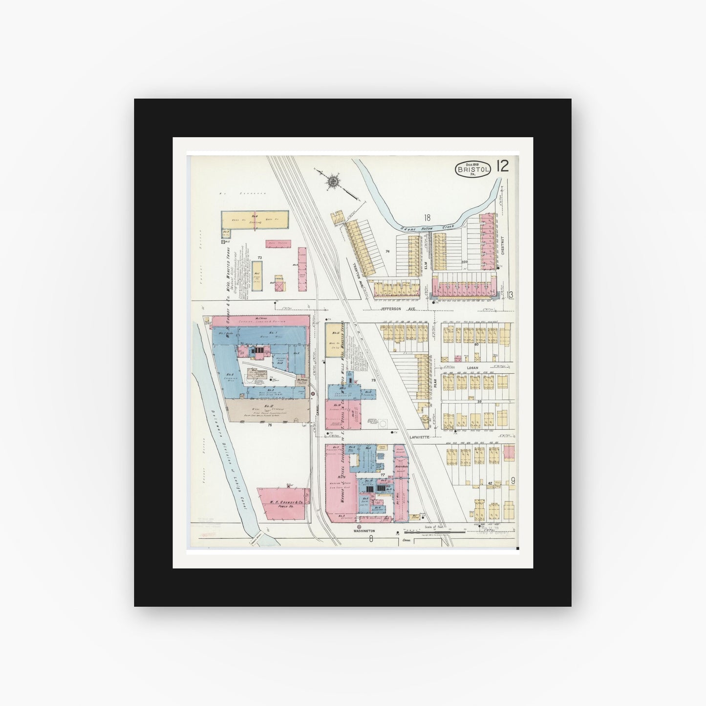 Old map wall art mockup — black gallery frame with white mat — Sanborn Fire Insurance Map from Bristol, Bucks County, Pennsylvania (1927), Sheet #0012