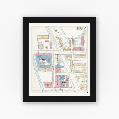 Old map wall art mockup — black gallery frame with white mat — Sanborn Fire Insurance Map from Bristol, Bucks County, Pennsylvania (1927), Sheet #0012