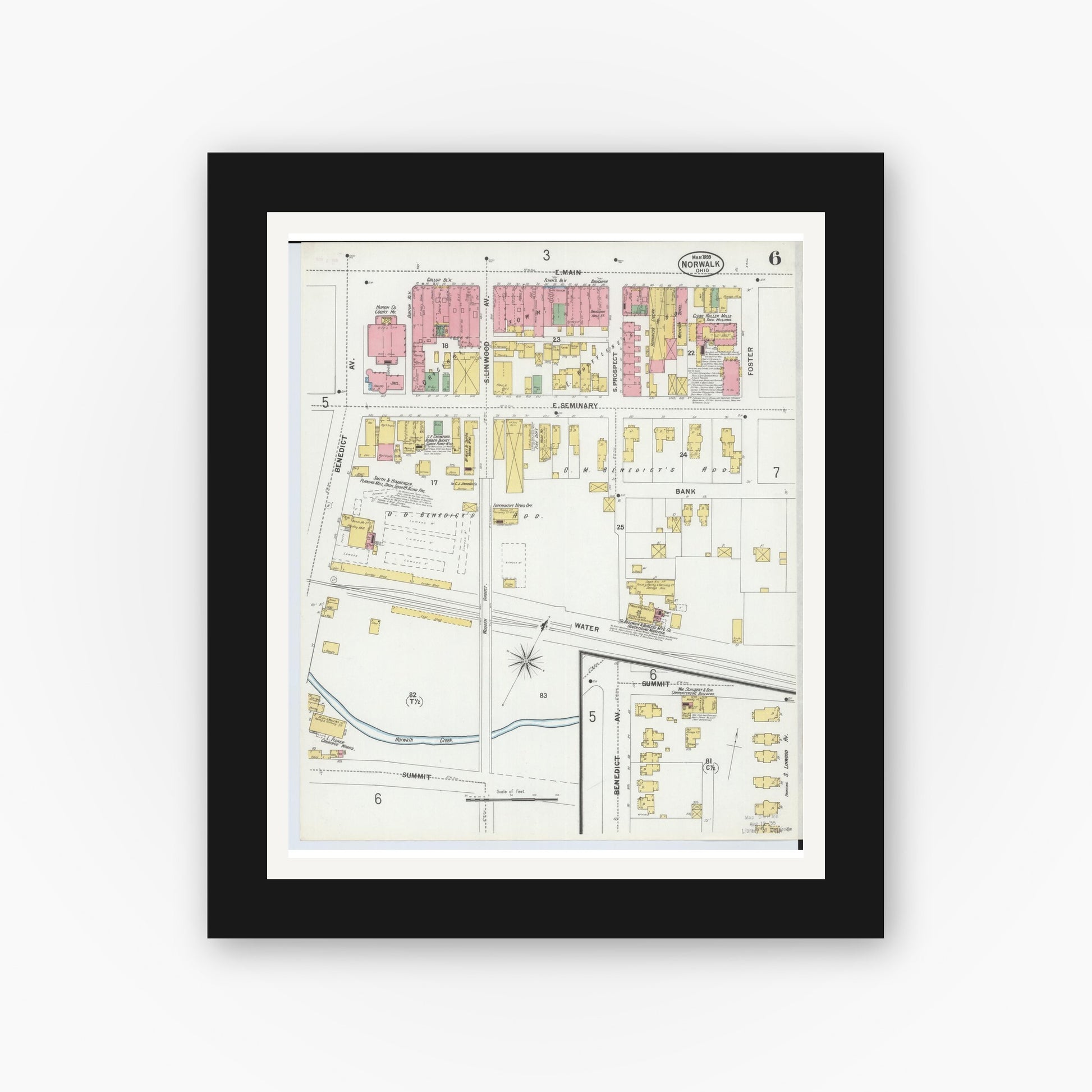 Old map wall art mockup — black gallery frame with white mat — Sanborn Fire Insurance Map from Norwalk, Huron County, Ohio (1899), Sheet #0006
