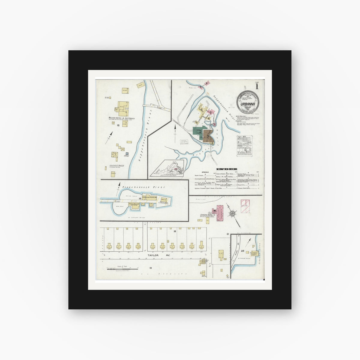 Old map wall art mockup — black gallery frame with white mat — Sanborn Fire Insurance Map from Urbanna, Middlesex County, Virginia (1921) - Complete Map Set