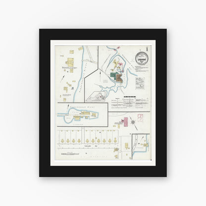Old map wall art mockup — black gallery frame with white mat — Sanborn Fire Insurance Map from Urbanna, Middlesex County, Virginia (1921) - Complete Map Set