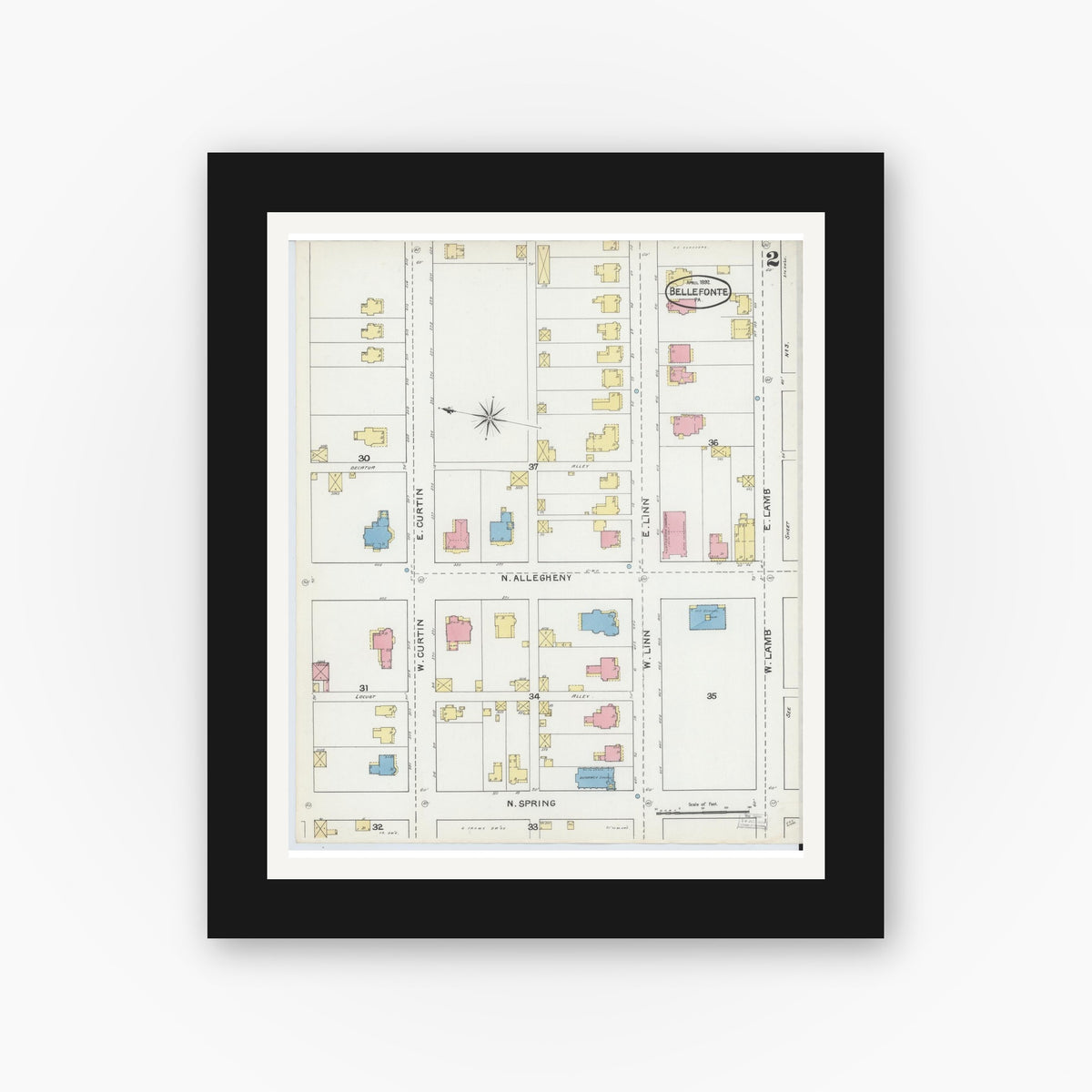 Old map wall art mockup — black gallery frame with white mat — Sanborn Fire Insurance Map from Bellefonte, Centre County, Pennsylvania (1892), Sheet #0002