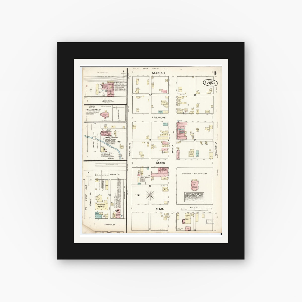 Old map wall art mockup — black gallery frame with white mat — Sanborn Fire Insurance Map from Boone, Boone County, Iowa (1883), Sheet #0003