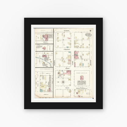 Old map wall art mockup — black gallery frame with white mat — Sanborn Fire Insurance Map from Boone, Boone County, Iowa (1883), Sheet #0003
