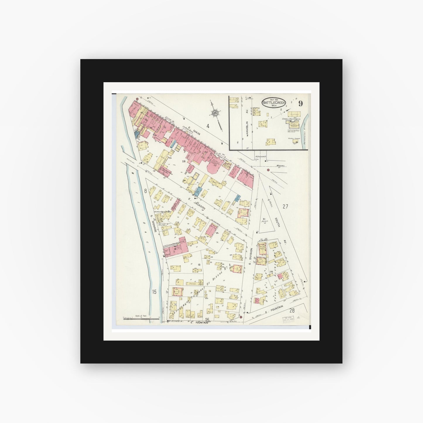 Old map wall art mockup — black gallery frame with white mat — Sanborn Fire Insurance Map from Battle Creek, Calhoun County, Michigan (1913), Sheet #0009
