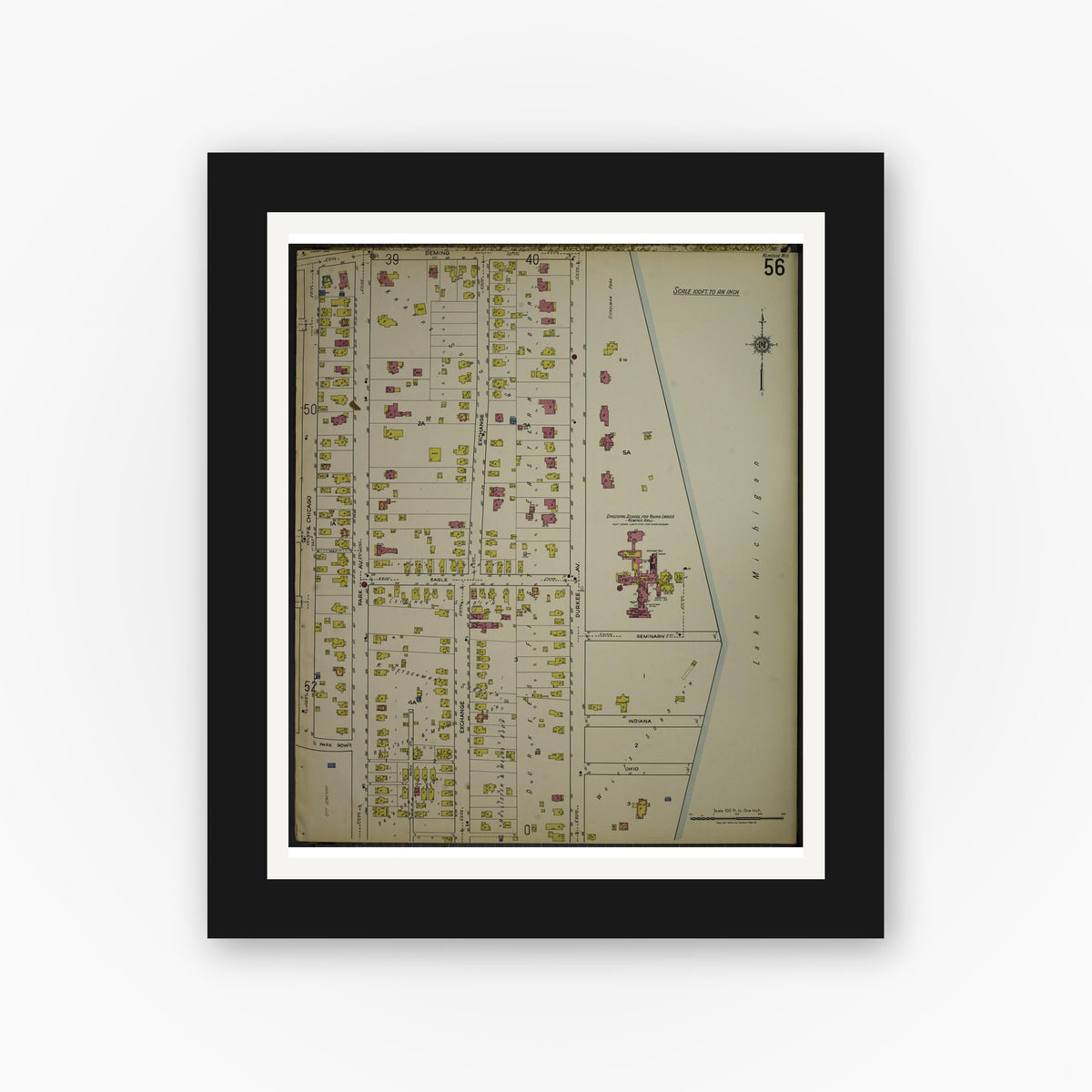Old map wall art mockup — black gallery frame with white mat — Sanborn Fire Insurance Map from Kenosha, Kenosha County, Wisconsin. (1918), Sheet 60