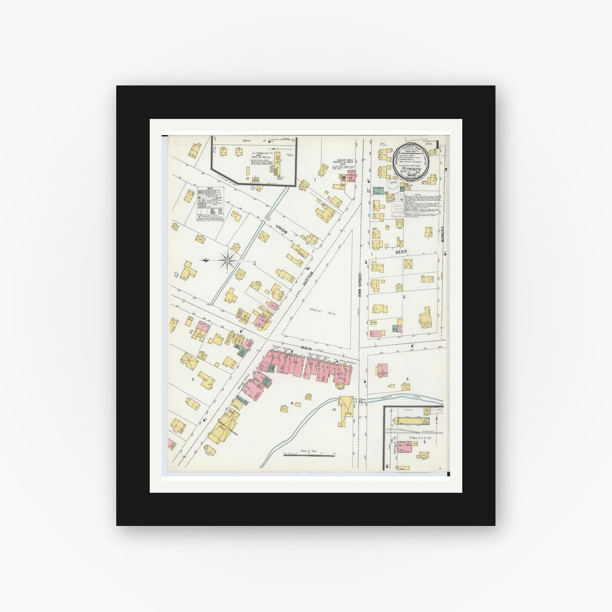 Old map wall art mockup — black gallery frame with white mat — Sanborn Fire Insurance Map from Plymouth, Wayne County, Michigan (1899), Sheet #0001