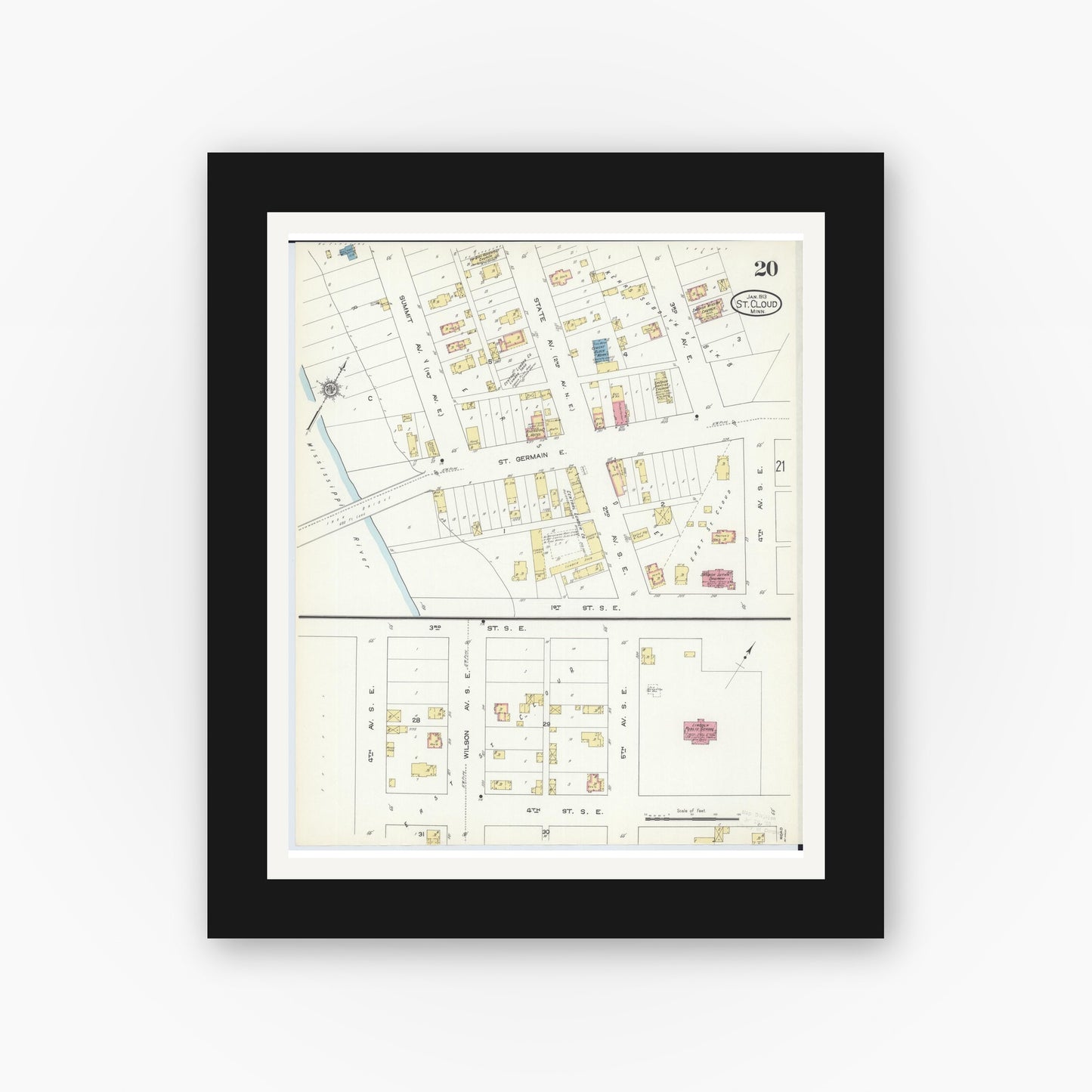Old map wall art mockup — black gallery frame with white mat — Sanborn Fire Insurance Map from Saint Cloud, Stearns, Benton, and Sherburne Counties, Minnesota (1913), Sheet #0020