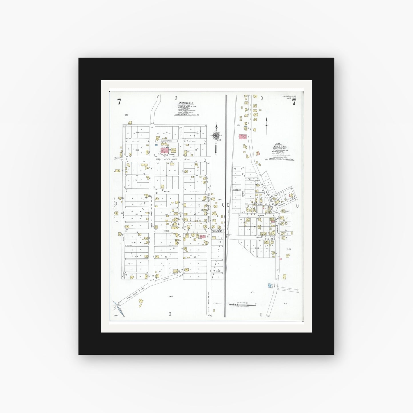 Old map wall art mockup — black gallery frame with white mat — Sanborn Fire Insurance Map from Caldwell, Noble County, Ohio (1948), Sheet #0007