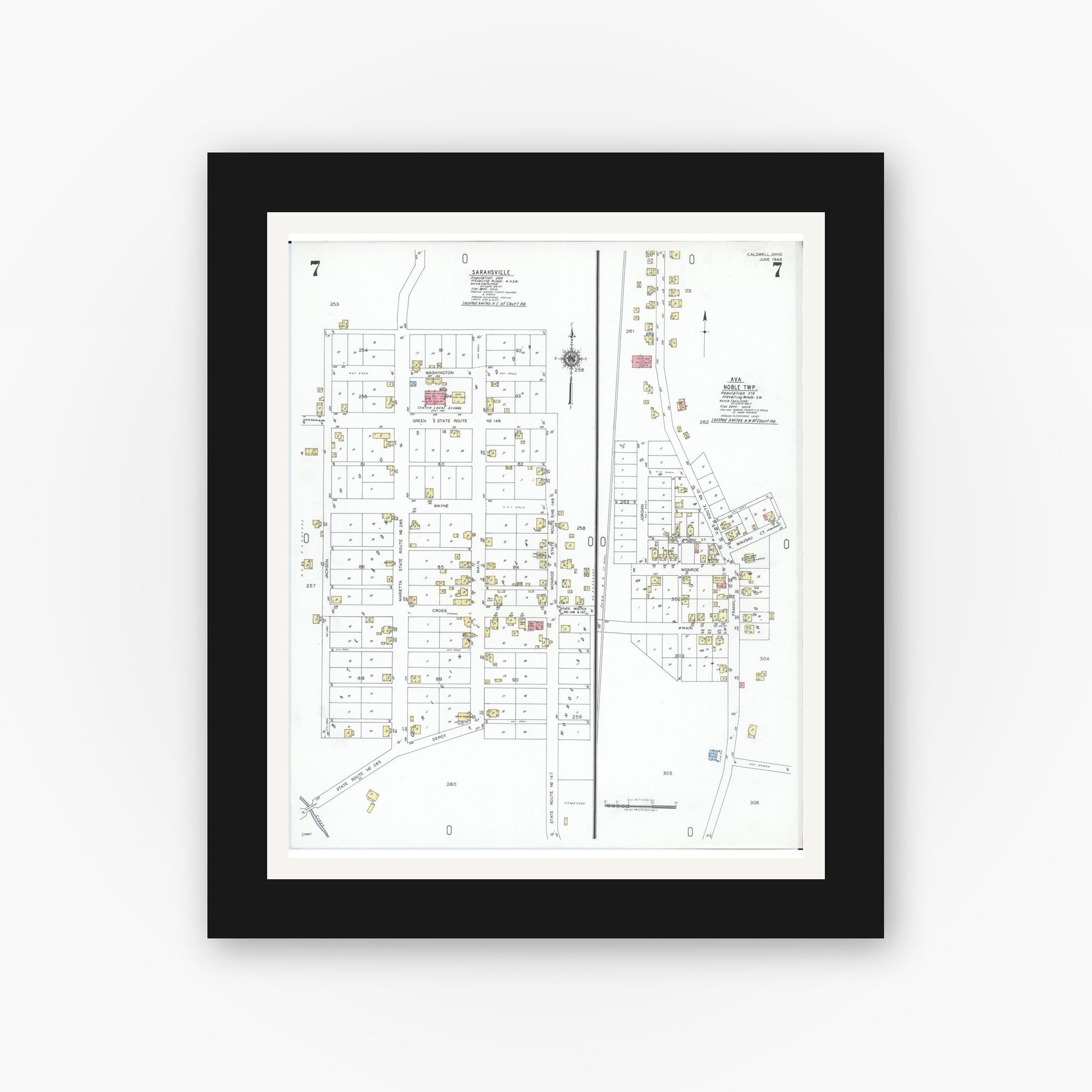 Old map wall art mockup — black gallery frame with white mat — Sanborn Fire Insurance Map from Caldwell, Noble County, Ohio (1948), Sheet #0007