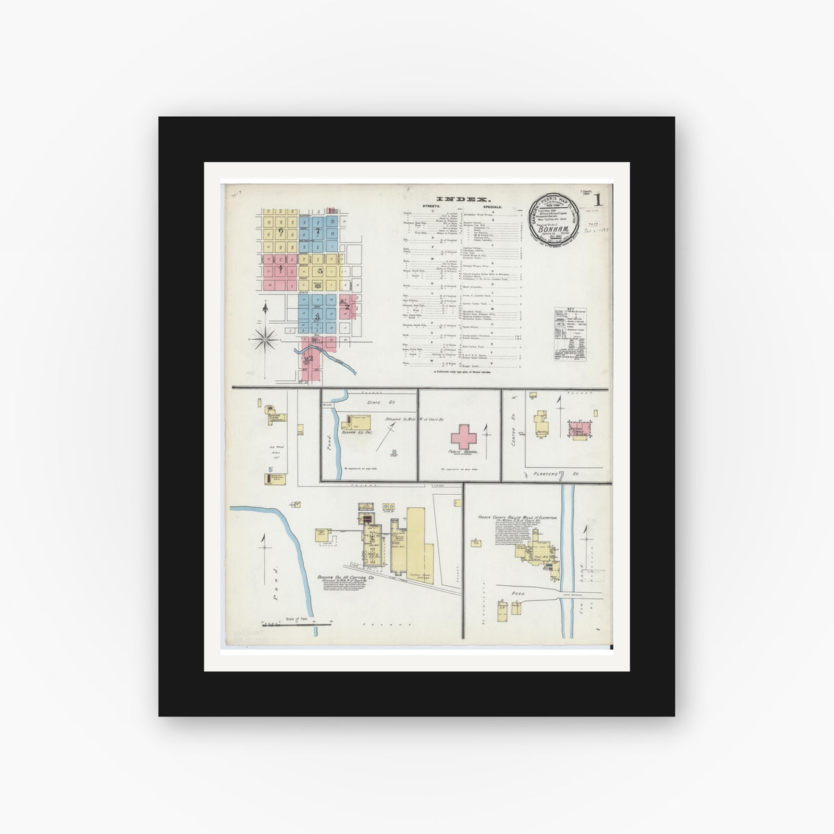 Old map wall art mockup — black gallery frame with white mat — Sanborn Fire Insurance Map from Bonham, Fannin County, Texas (1892) - Complete Map Set