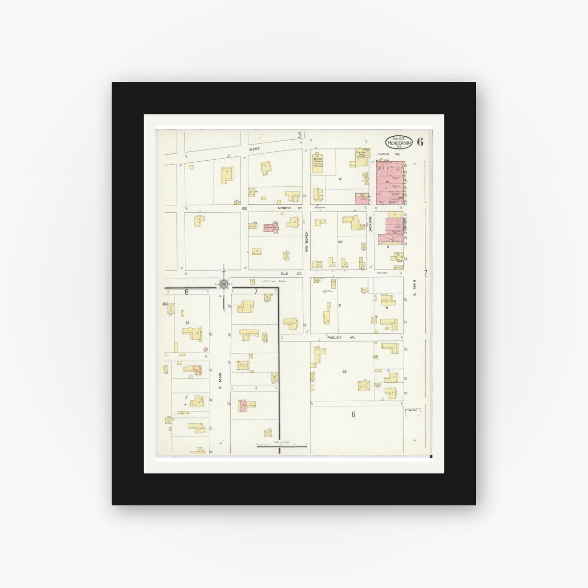 Old map wall art mockup — black gallery frame with white mat — Sanborn Fire Insurance Map from Henderson, Rusk County, Texas (1912), Sheet #0006