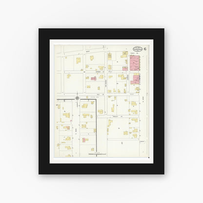 Old map wall art mockup — black gallery frame with white mat — Sanborn Fire Insurance Map from Henderson, Rusk County, Texas (1912), Sheet #0006