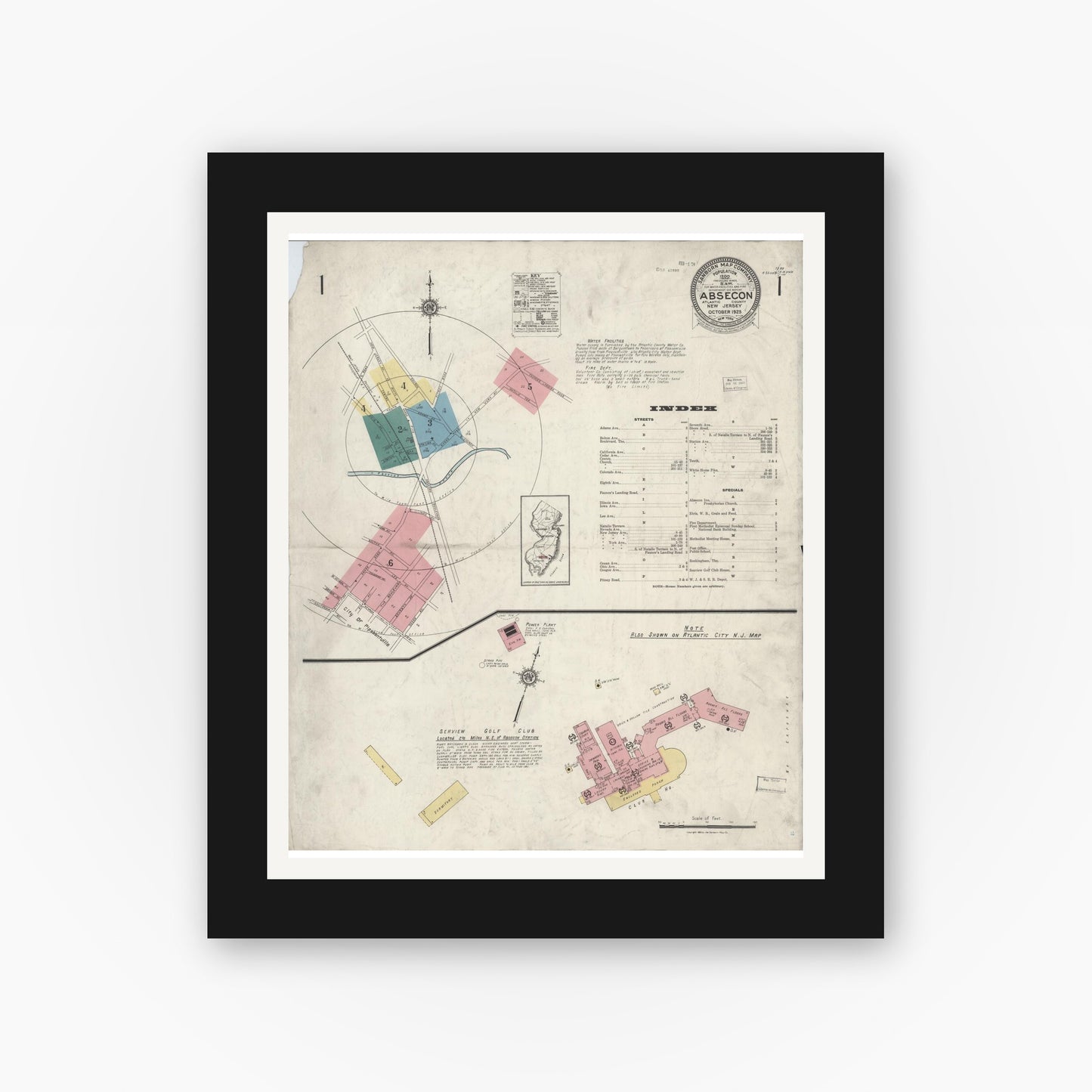 Old map wall art mockup — black gallery frame with white mat — Sanborn Fire Insurance Map from Absecon, Atlantic County, New Jersey (1923), Sheet #0001