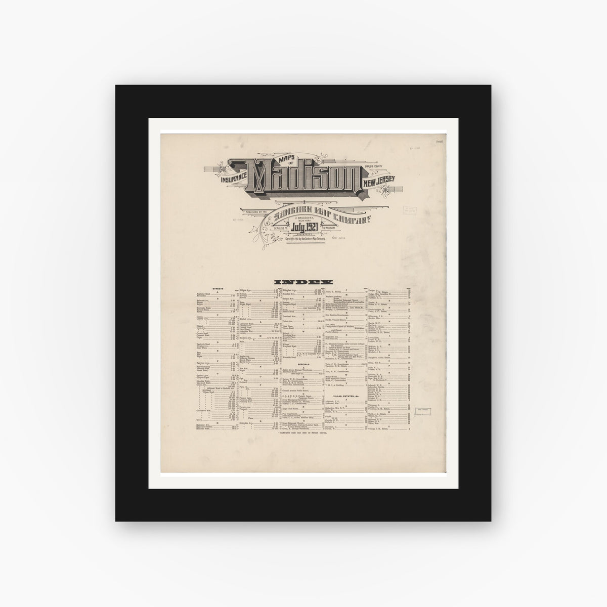 Old map wall art mockup — black gallery frame with white mat — Sanborn Fire Insurance Map from Madison, Morris County, New Jersey (1921), Sheet #0001