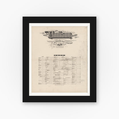 Old map wall art mockup — black gallery frame with white mat — Sanborn Fire Insurance Map from Madison, Morris County, New Jersey (1921), Sheet #0001