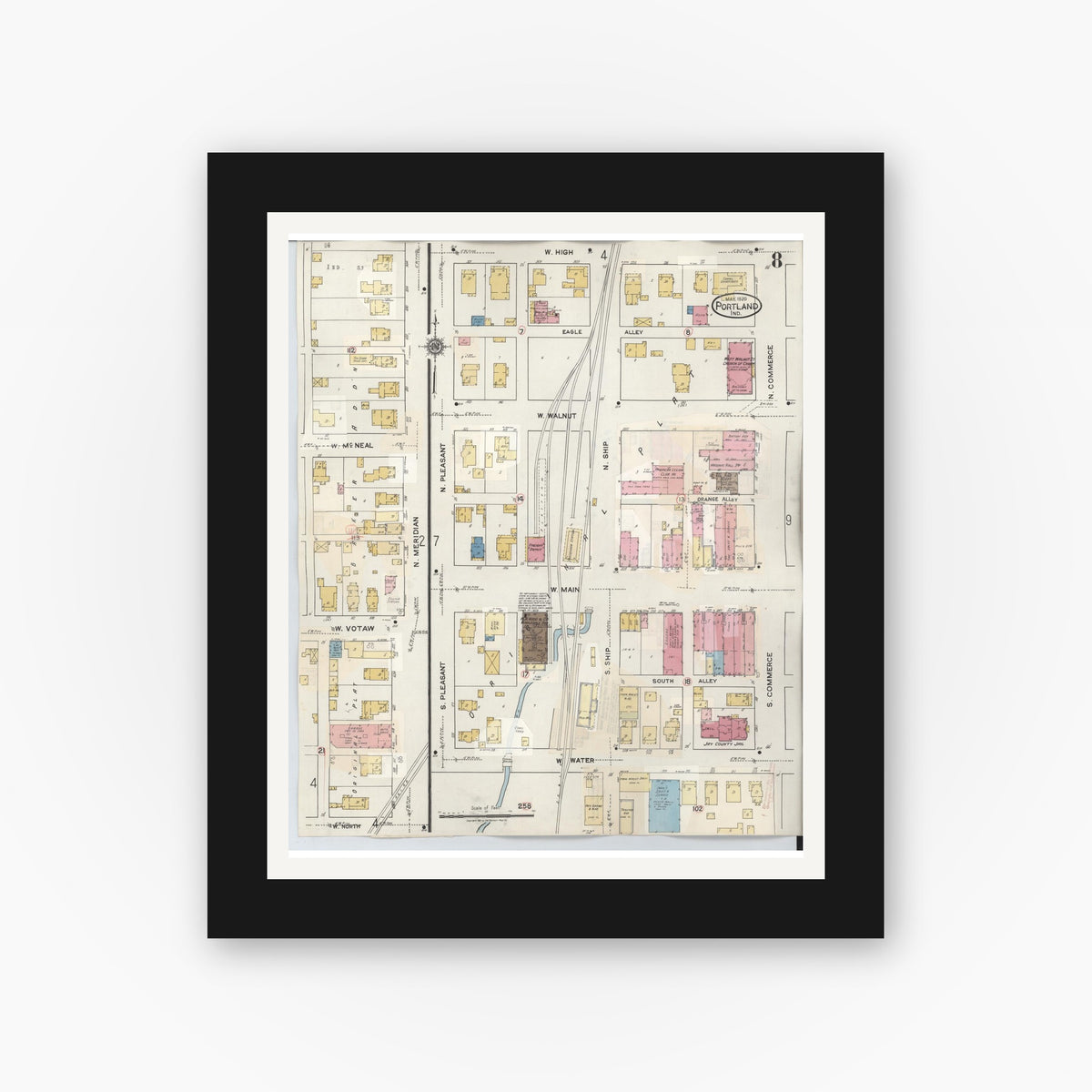 Old map wall art mockup — black gallery frame with white mat — Sanborn Fire Insurance Map from Portland, Jay County, Indiana (1946), Sheet #0008
