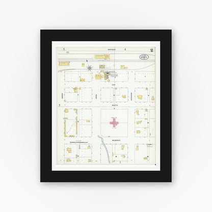 Old map wall art mockup — black gallery frame with white mat — Sanborn Fire Insurance Map from Bowie, Montague County, Texas (1902), Sheet #0002