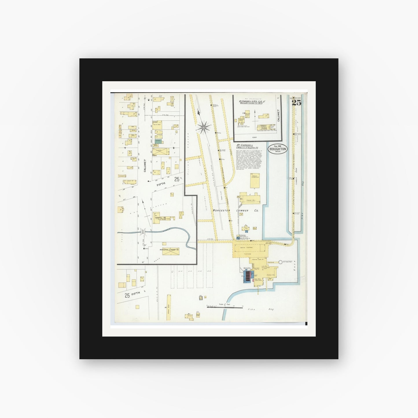 Old map wall art mockup — black gallery frame with white mat — Sanborn Fire Insurance Map from Houghton, Houghton County, Michigan (1908), Sheet #0025