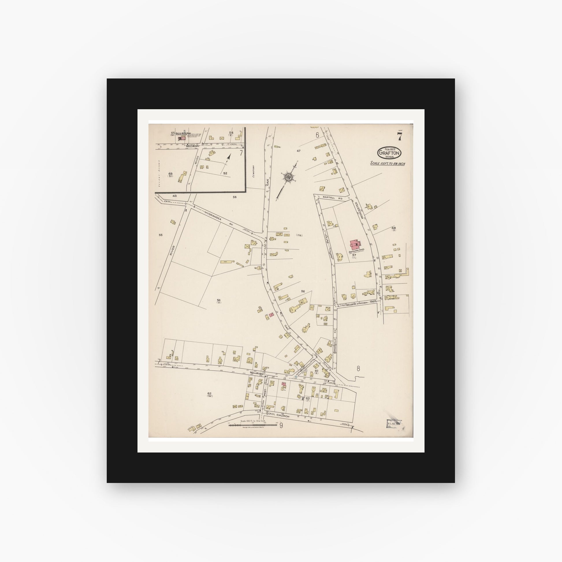 Old map wall art mockup — black gallery frame with white mat — Sanborn Fire Insurance Map from Grafton, Worcester County, Massachusetts (1922), Sheet #0007