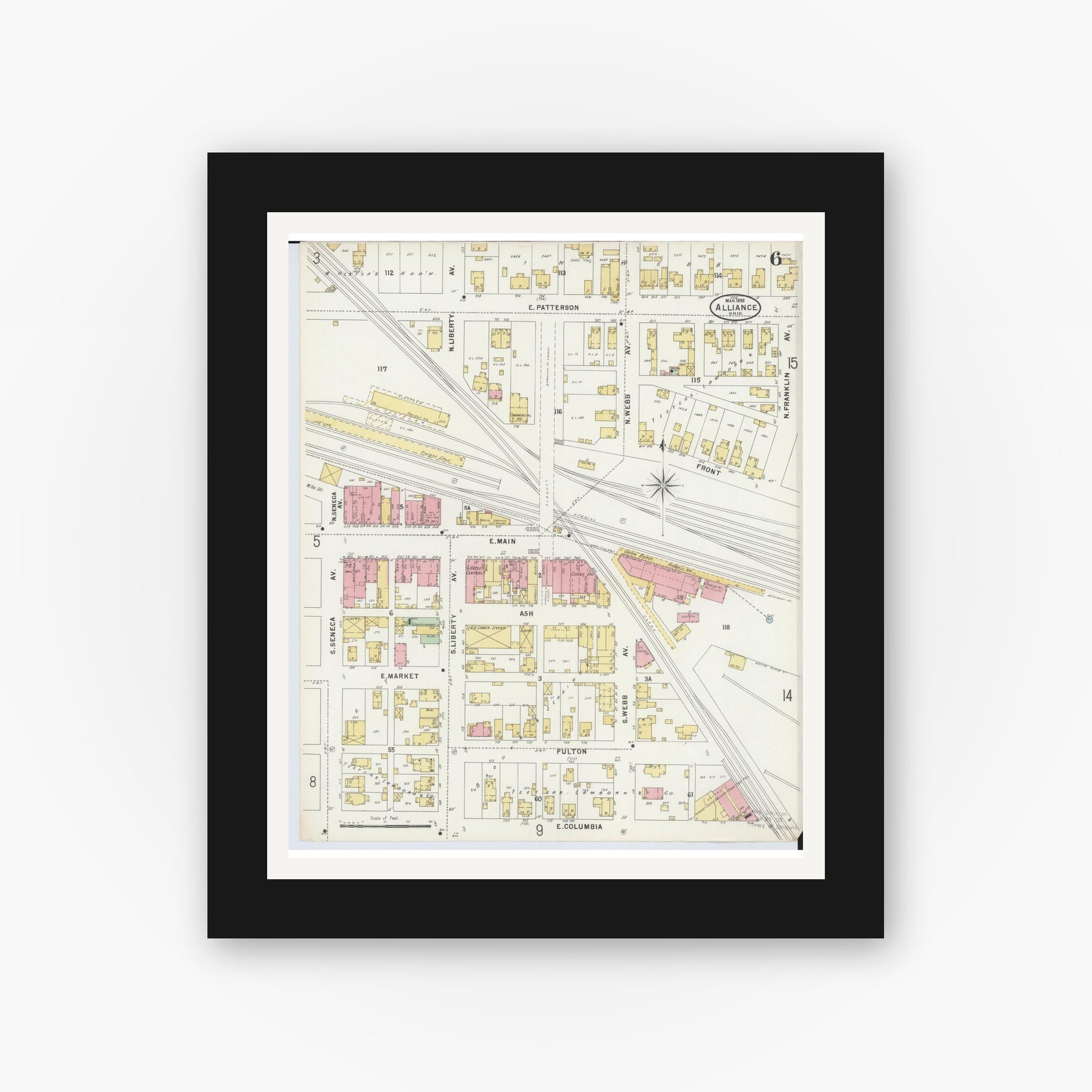 Old map wall art mockup — black gallery frame with white mat — Sanborn Fire Insurance Map from Alliance, Stark County, Ohio (1898), Sheet #0006