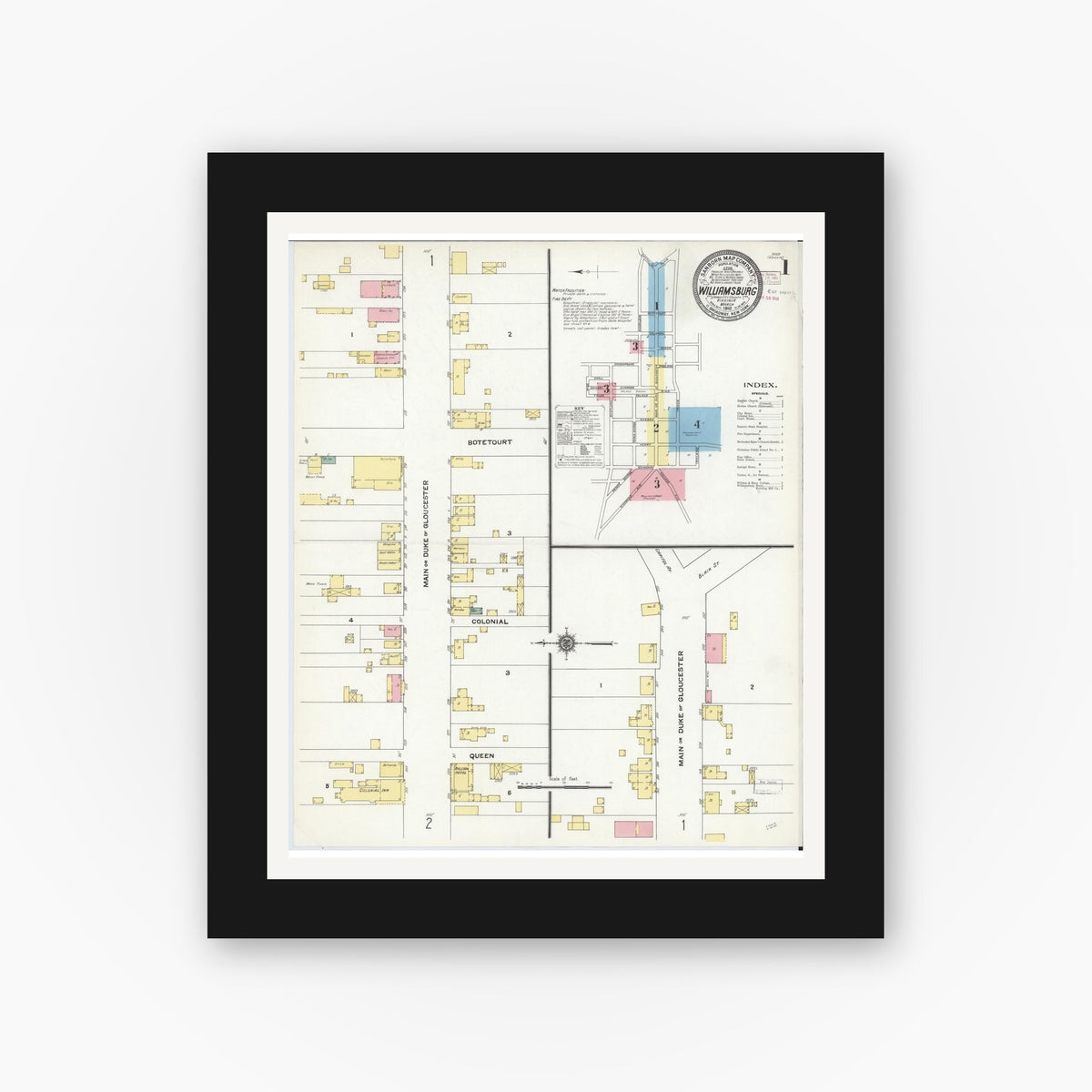 Old map wall art mockup — black gallery frame with white mat — Sanborn Fire Insurance Map from Williamsburg, Independent Cities, Virginia (1910), Sheet #0001