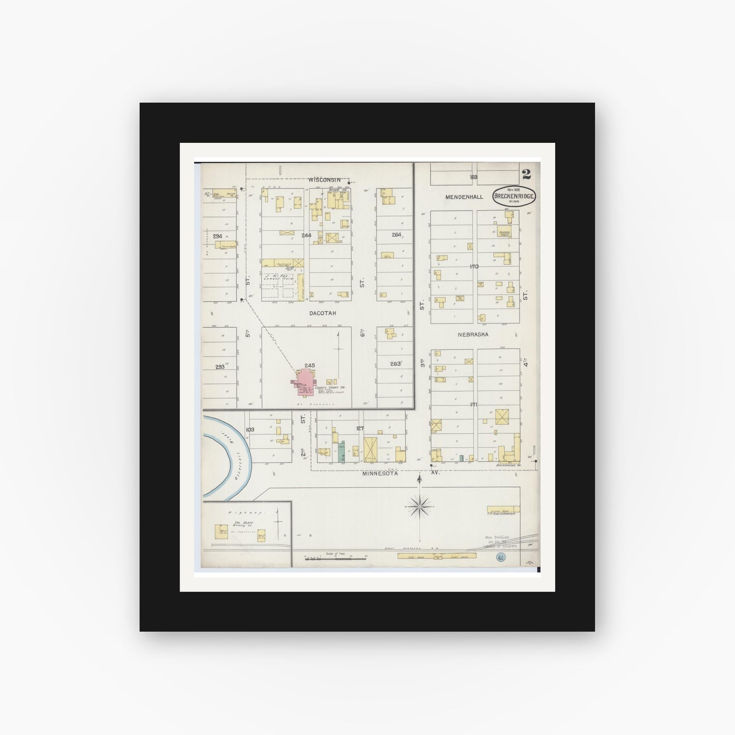 Old map wall art mockup — black gallery frame with white mat — Sanborn Fire Insurance Map from Breckenridge, Wilkin County, Minnesota (1892), Sheet #0002