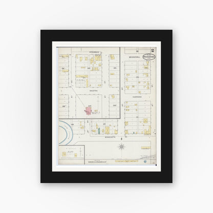 Old map wall art mockup — black gallery frame with white mat — Sanborn Fire Insurance Map from Breckenridge, Wilkin County, Minnesota (1892), Sheet #0002