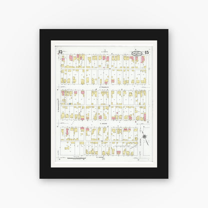 Old map wall art mockup — black gallery frame with white mat — Sanborn Fire Insurance Map from Circleville, Pickaway County, Ohio (1927), Sheet #0015