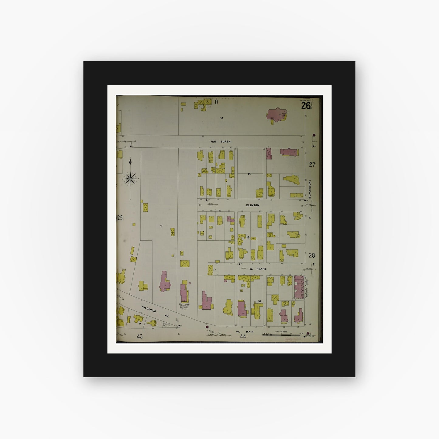 Old map wall art mockup — black gallery frame with white mat — Sanborn Fire Insurance Map from Jackson, Jackson County, Michigan (1907), Sheet #0026