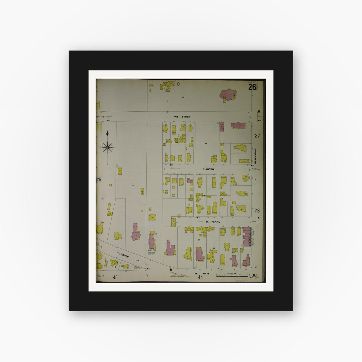 Old map wall art mockup — black gallery frame with white mat — Sanborn Fire Insurance Map from Jackson, Jackson County, Michigan (1907), Sheet #0026