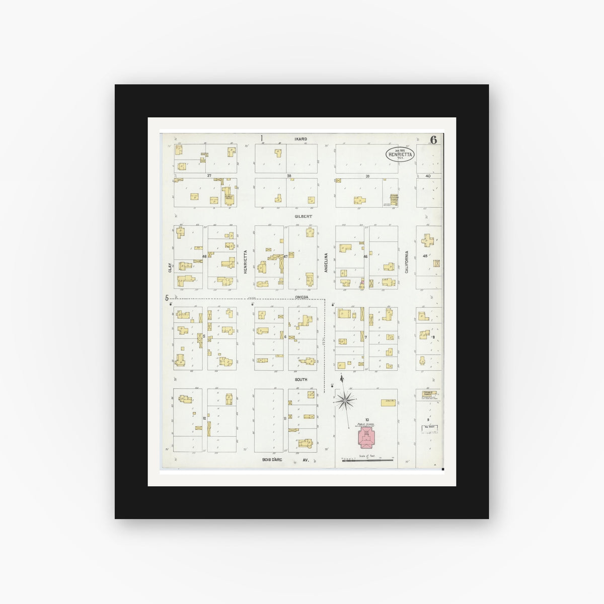 Old map wall art mockup — black gallery frame with white mat — Sanborn Fire Insurance Map from Henrietta, Clay County, Texas (1902), Sheet #0006