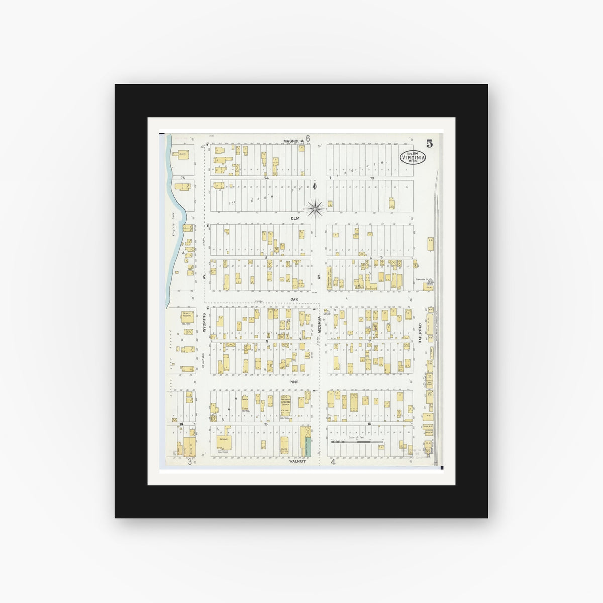 Old map wall art mockup — black gallery frame with white mat — Sanborn Fire Insurance Map from Virginia, Saint Louis County, Minnesota (1904), Sheet #0005