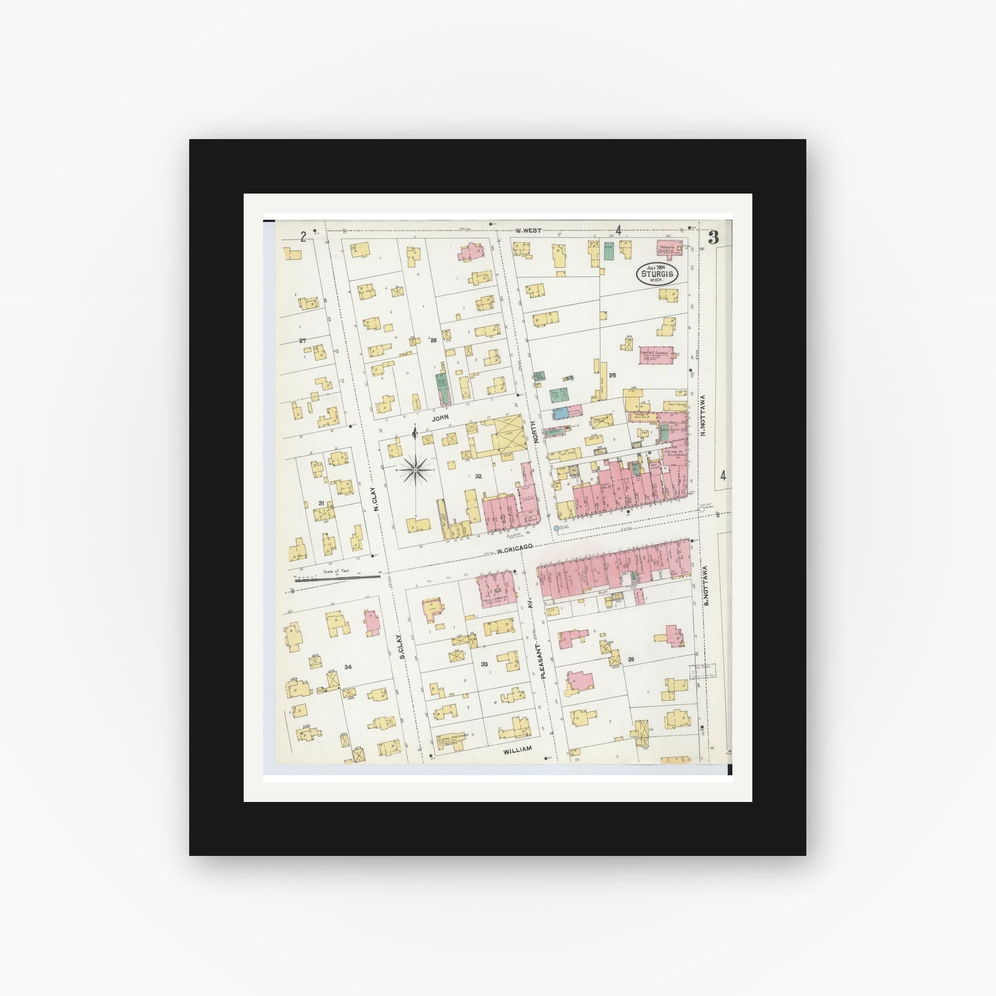 Old map wall art mockup — black gallery frame with white mat — Sanborn Fire Insurance Map from Sturgis, Saint Joseph County, Michigan (1904), Sheet #0003